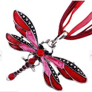 Red & Pink Enamel Dragonfly Pendant Necklace With Multi-Strand Ribbon